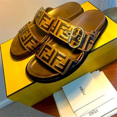 fendi pearland slides replica|Calfskin FF Embossed Slide Sandals 38.5 Maya Black.